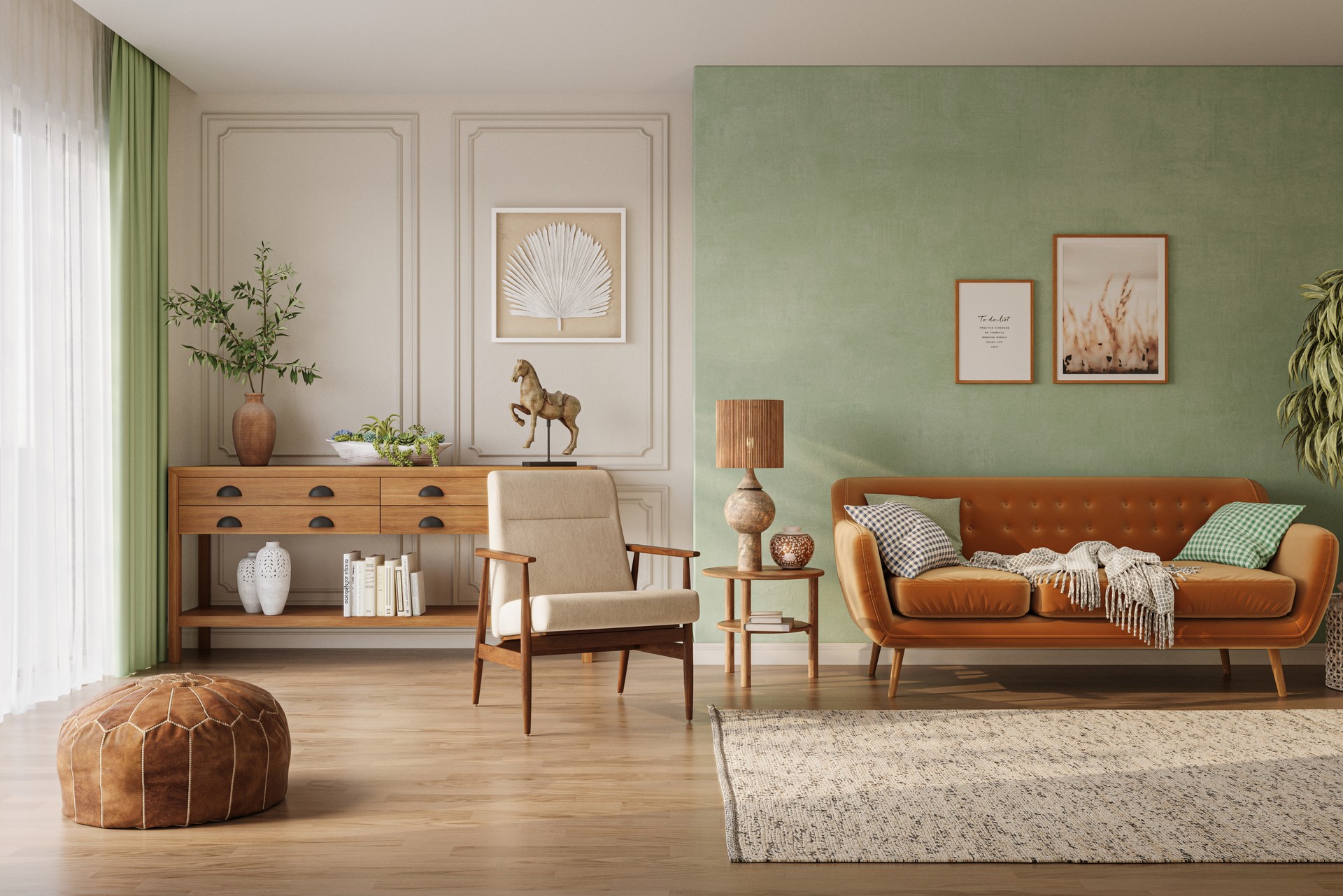 Orange sofa in cozy living room interior with pastel green wall and wood furniture. Wall mockup, 3d rendering