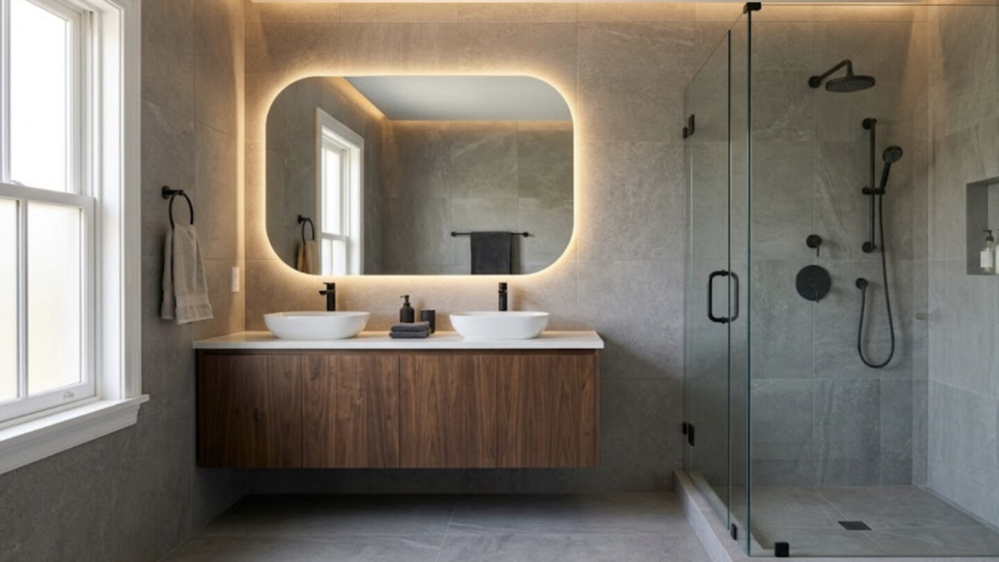 The Modern — floating walnut vanity, matte black fixtures, grey porcelain