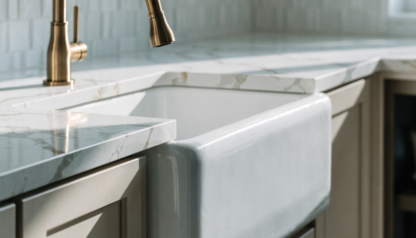 The White — white fireclay farmhouse apron-front sink